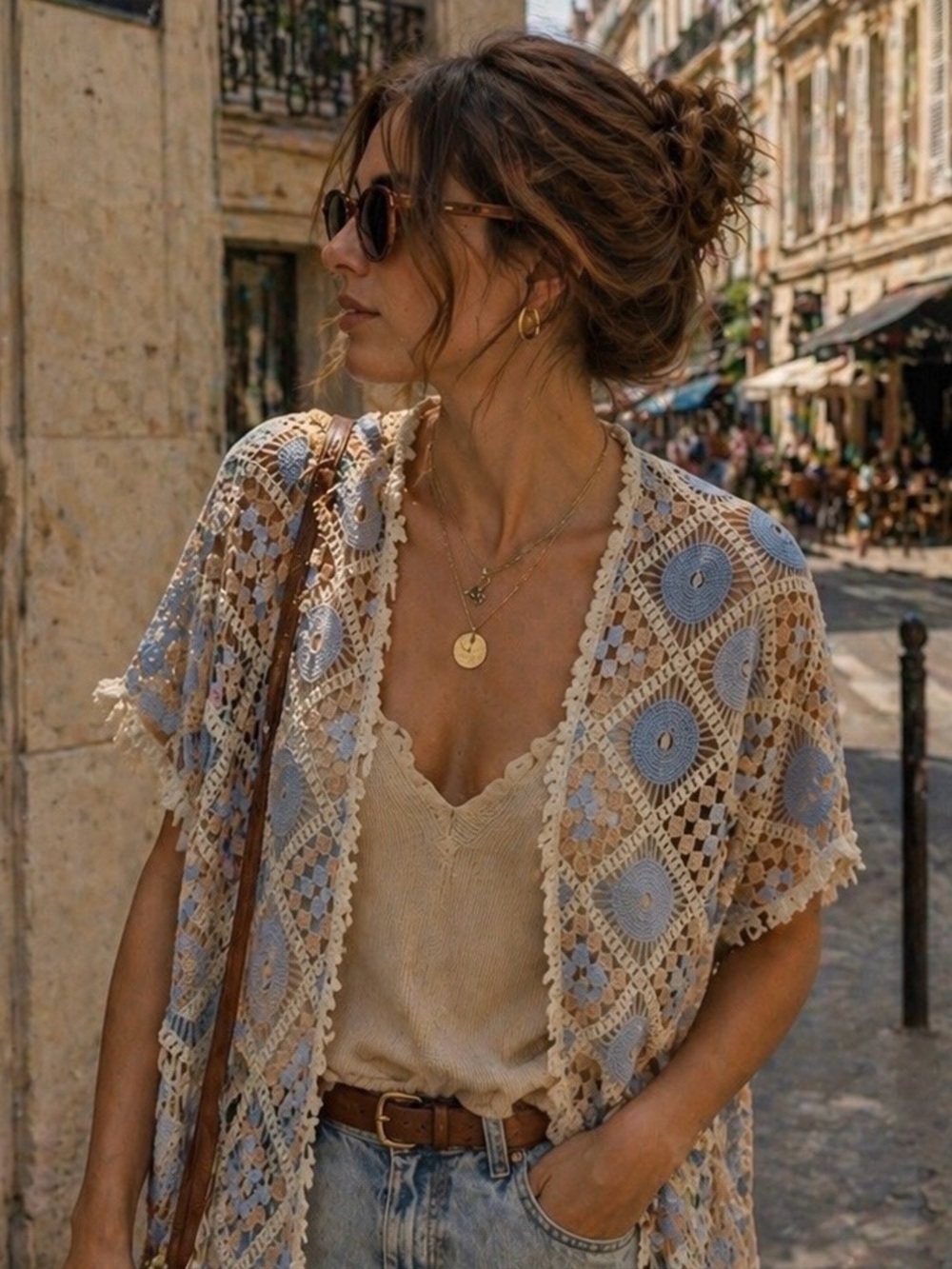 Overlay Made in Italy Crochet Blue Cream Boho Cardigan Top Kimono